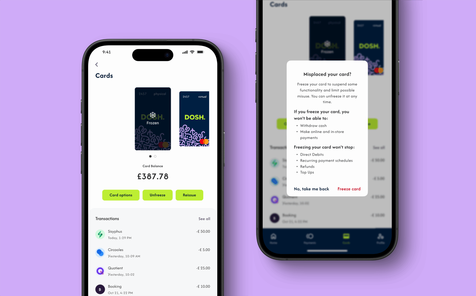 Phone displays showing interface for freezing a bank card in the Dosh app
