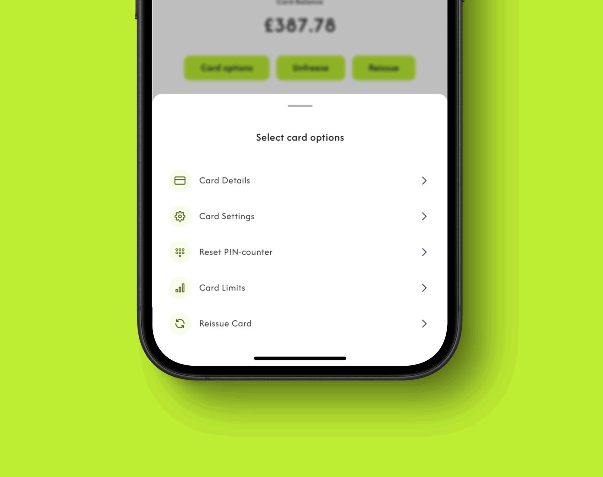 Display showing security options in the Dosh app